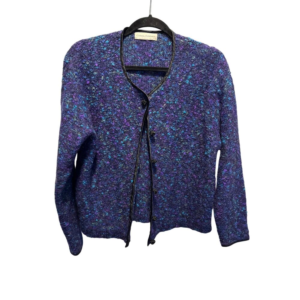 Vintage Casual Corner Knit Cardigan XL Purple Blue Boucle Sweater Trim 80s 90s